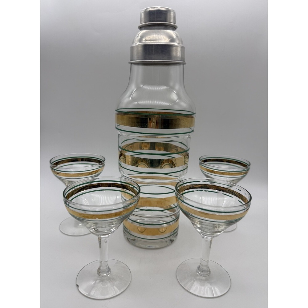 1930s Federal Glass Radio Bar Cocktail Shaker 4 Glasses- Art Deco Gold Orange